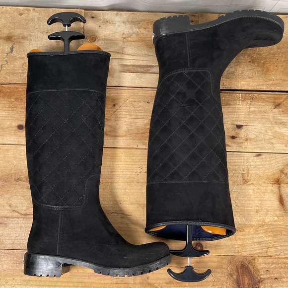 Charleston Shoe Co. Black Suede Quilted Waterproof Tall Rain Boots – Size 7 - Picture 2 of 16